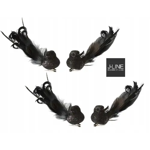 Dekoracyjne ptaszki z piórek czarne brokatowe z klipsem kpl. 4 szt J-Line